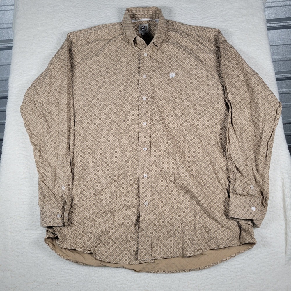 Cinch Button Down Shirt Mens Large Tan Geometric Print Long Sleeve Western Logo